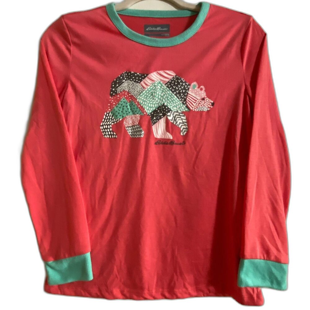 Eddie Bauer Pink and Green Long Sleeve Polar Bear Pajama Shirt Sz Youth Large